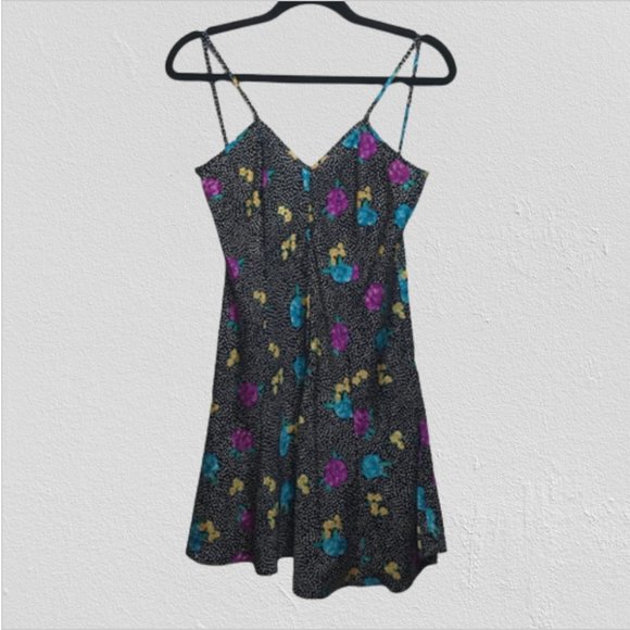 Vintage 90's LA Intimates Black Polka Dot Floral Slip Dress SM - Picture 1 of 4